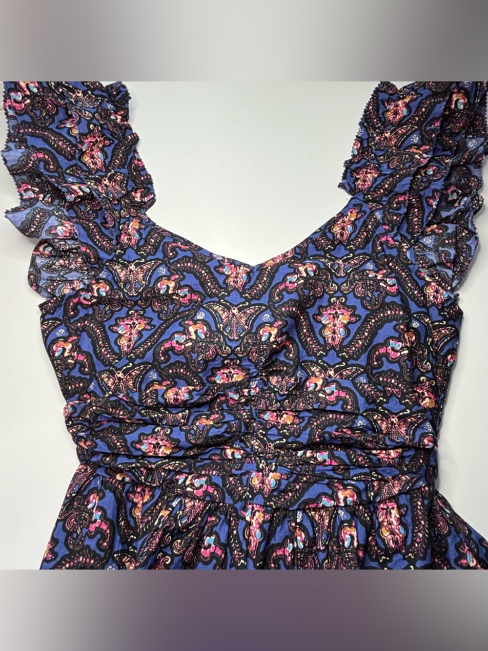 Caroline Constas Navy Pansy Print Maxi Dress Ruffle Strap Cotton S NWT - Picture 14 of 16